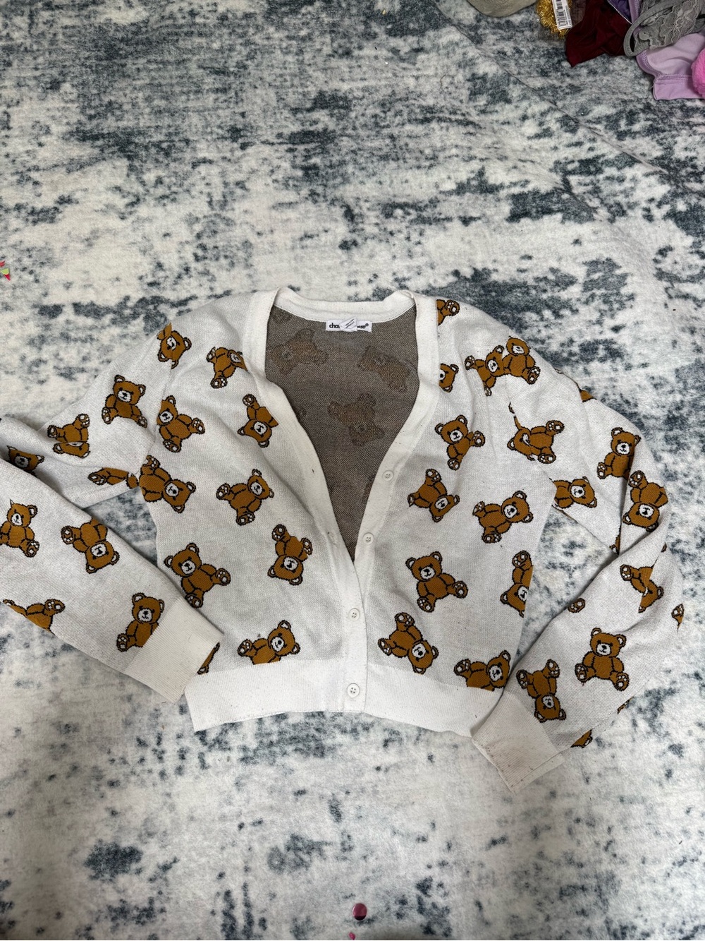 Charlotte Russe Cream Cardigan with Brown Teddy Bear Print